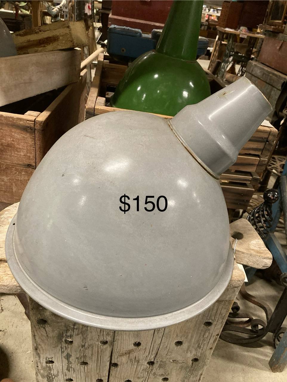 Original Industrial enamel light shades for sale at Heaths Old Wares, Collectables, Antiques & Industrial Antiques, 19-21 Broadway, Burringbar NSW 2483 Ph 0414860587 open 7 days Ph: 0414860587